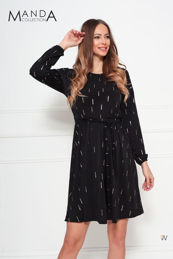 Black dress with elastic waistband and belt