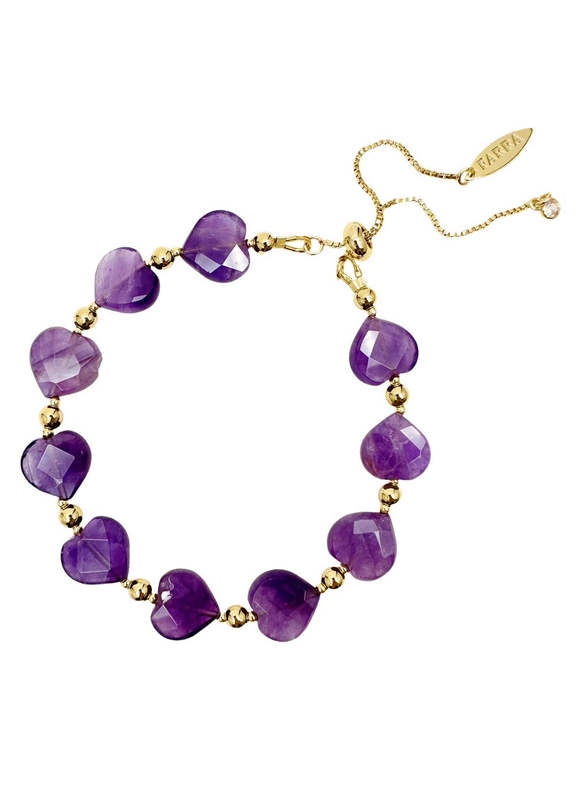 Adjustable amethyst bracelet with heart pendants