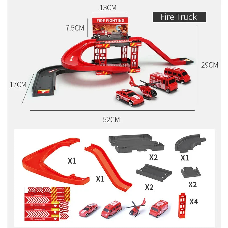 Kids Fire & Police Truck Parking Lot Playset