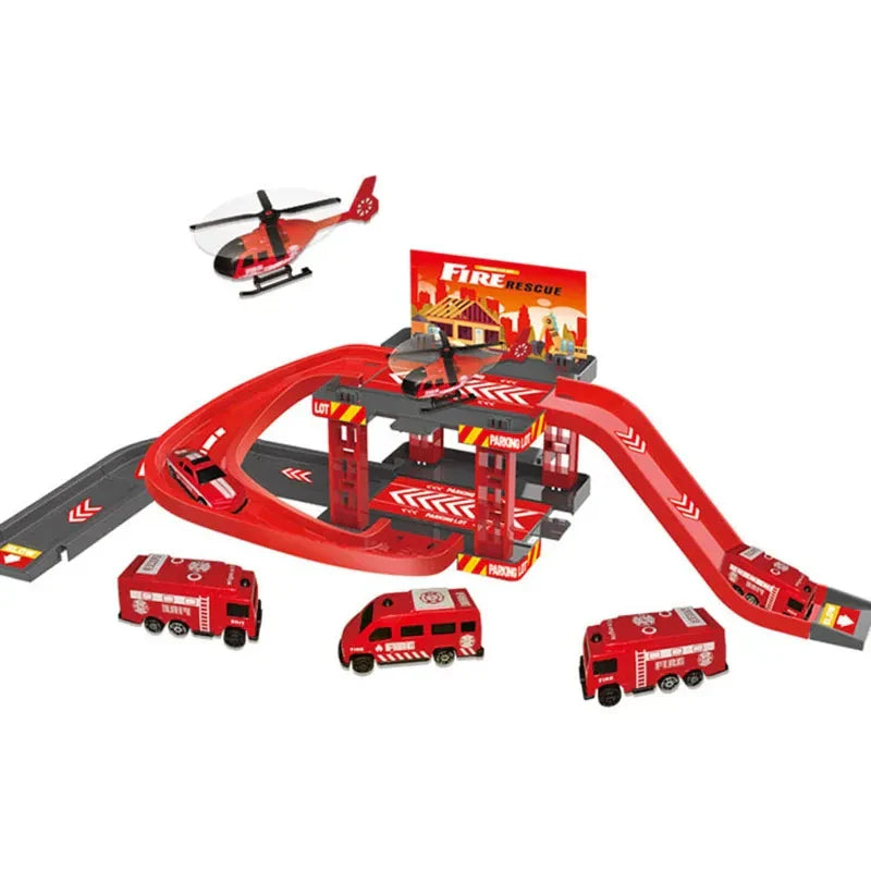 Kids Fire & Police Truck Parking Lot Playset