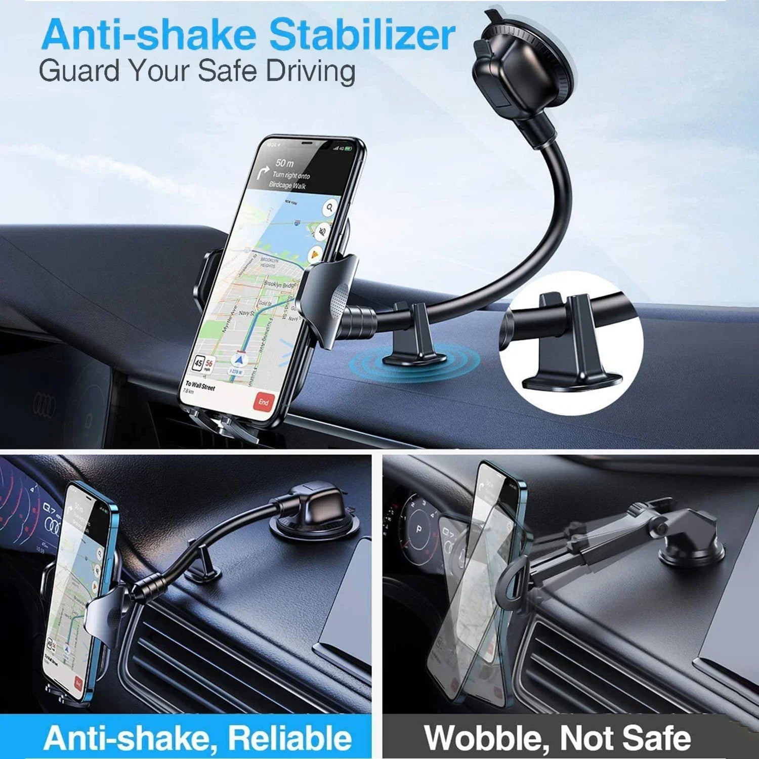 AutoGrip™ 360° Car Phone Mount – Flexible 9in Long Arm, Hands-Free