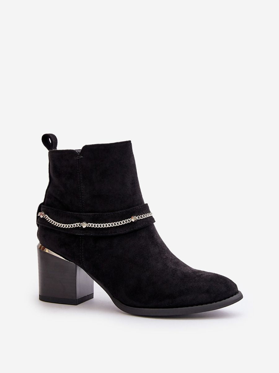 Women's ankle boots made of faux suede with block heel and chain