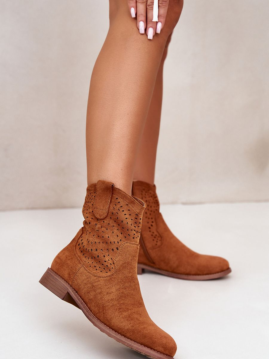 Damen-Ankle-Boots aus Veloursimitat mit perforiertem Muster
