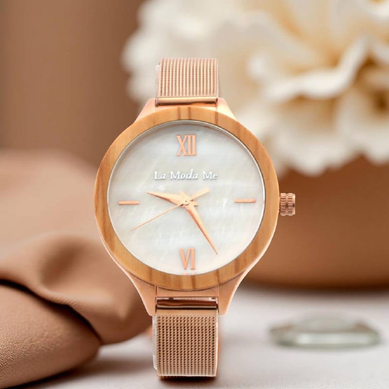 Olivewood Grace – Elegant rose gold watch with olive wood accents